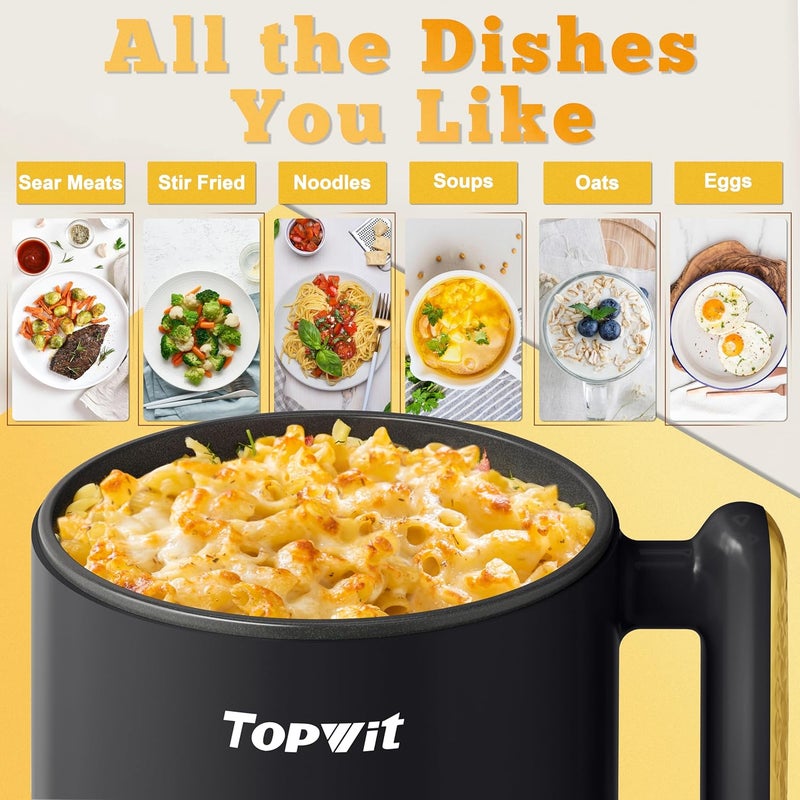 TopWit Hot Pot Electric with Steamer, 1.8L Ramen Cooker, Portable Electric Pot for Cooking, Multifunctional Cooker for Steak, Egg, Soup, Noodle with Power Adjustment, Dorm Room Essential, Black - Image 2